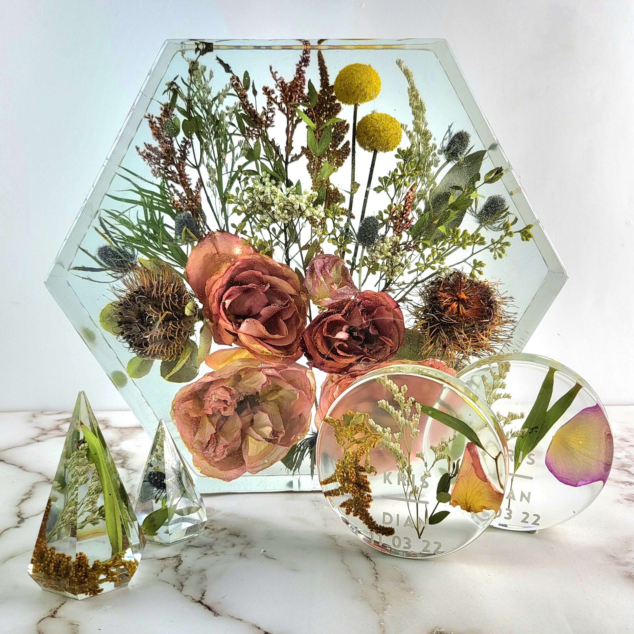 12 Hexagon 3D Resin Wedding Bouquet Preservation Floral Gift