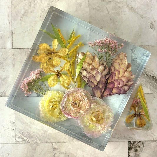 Tropical 8"x 8" 3D Floral Resin Cube Wedding Bouquet Preservation Modern Fried Flowers Square Save Your Gift Keepsake - flofloflowery