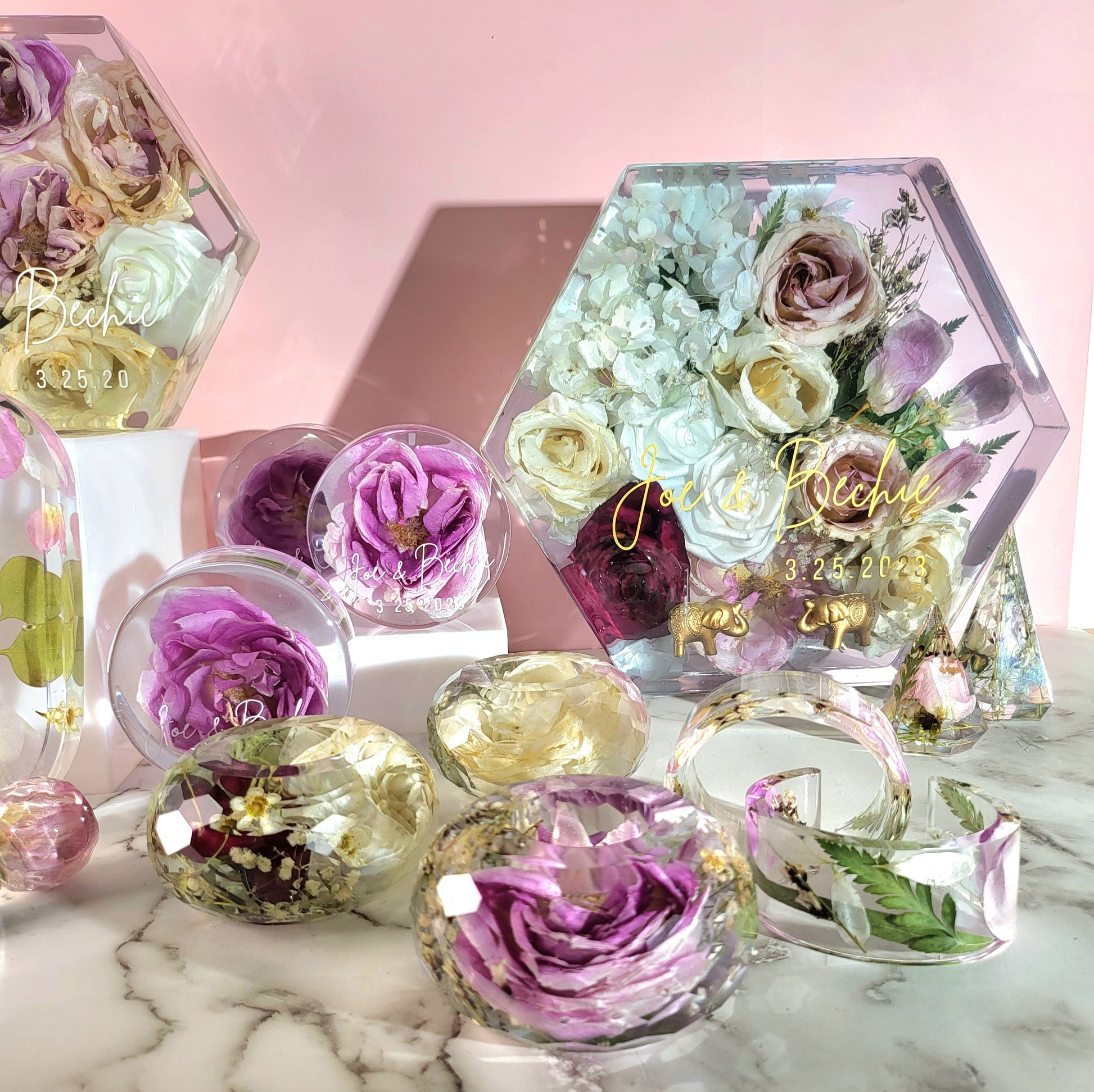 Huge Collection Hexagon Floral Preservation 3D Resin Wedding