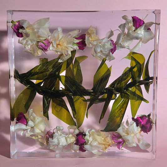 8"x 8" Hawaiian Tropical Lei 3D Floral Resin Art Cube Wedding Bouquet Modern Fried Flowers Square Save Your Gift Keepsake