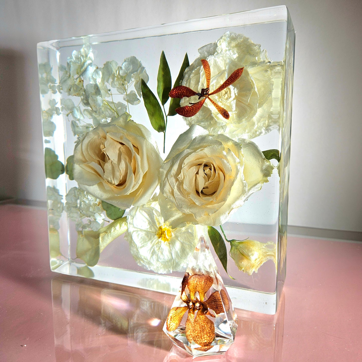 8"x 8" 3D Floral Resin Cube Wedding Bouquet Preservation Modern Fried Flowers Square Save Your Gift Keepsake