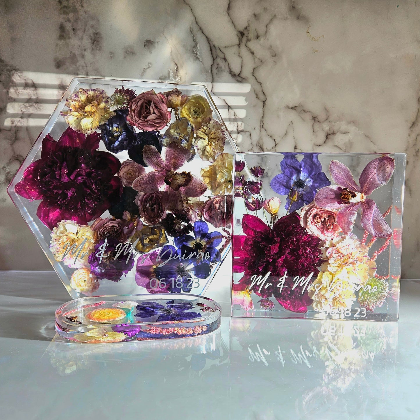 8"x 8" Square Luxury 3D Floral Resin Cube Wedding Bouquet Preservation Modern Fried Flowers Square Save Your Gift Keepsake