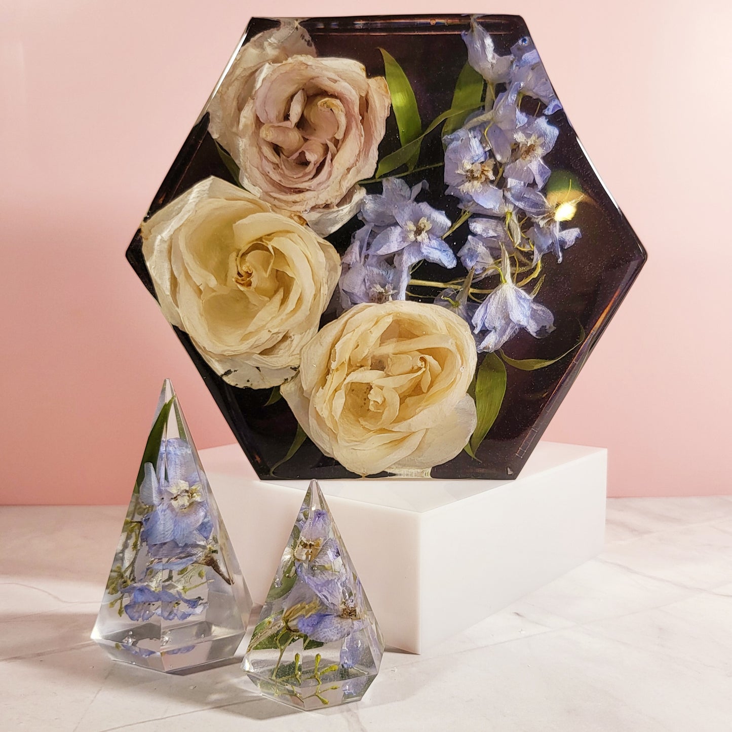 Elegant 8" wide Hexagon 3D Resin Wedding Bouquet Preservation Your Wedding Flowers Forever Keepsake Gift - flofloflowery