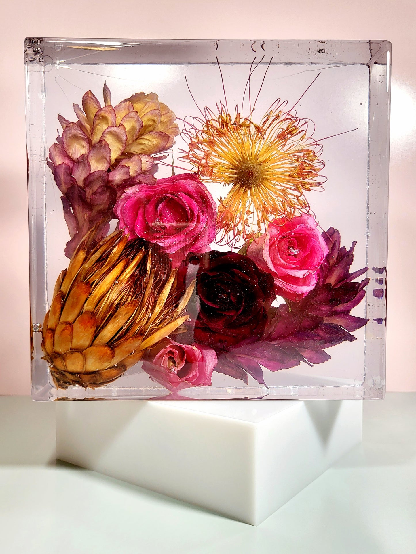 Square 8"x 8" 3D Floral Resin Wedding Bouquet Preservation Modern Fried Flowers Square Save Your Gift Keepsake - flofloflowery