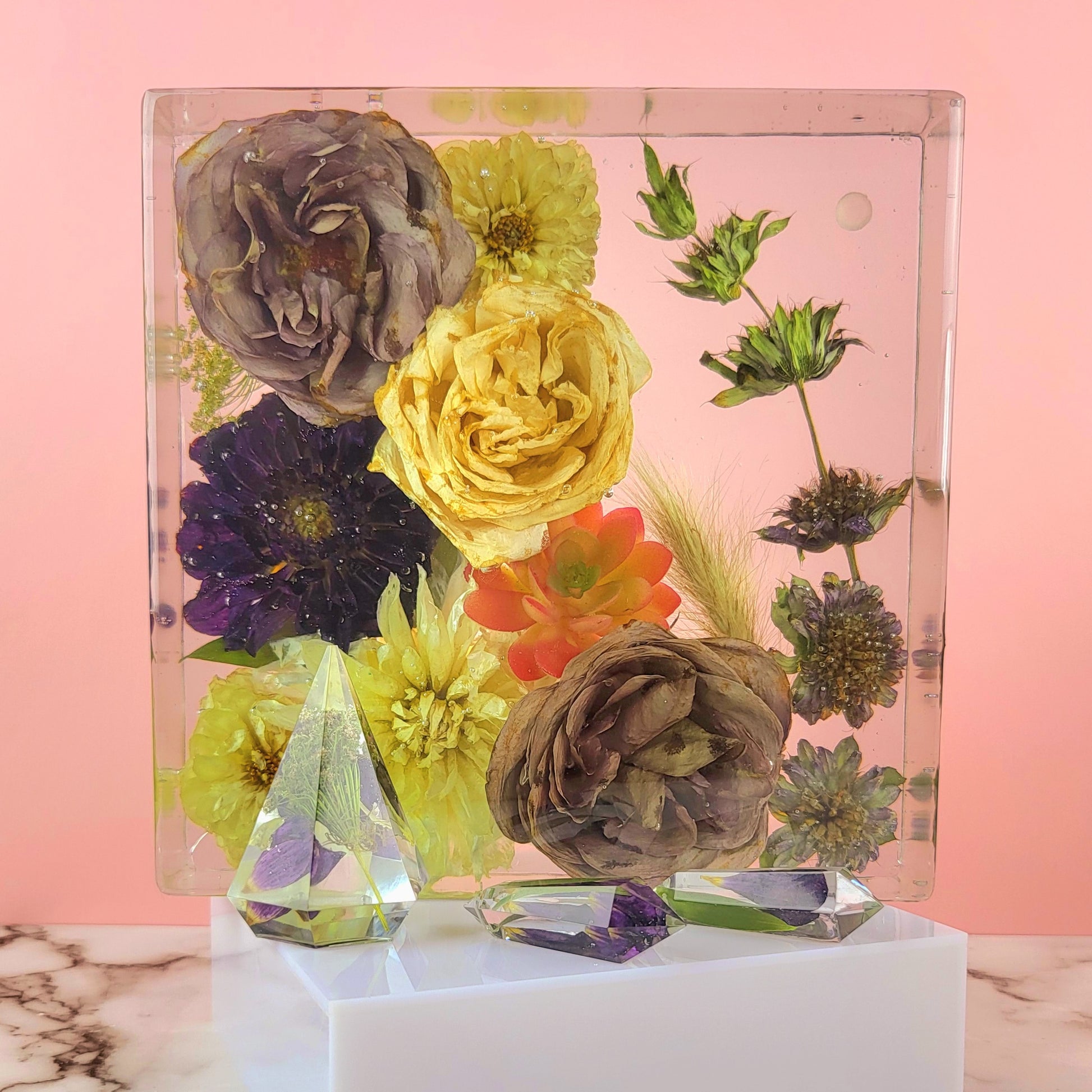 Square 8"x 8" Luxury 3D Floral Resin Cube Wedding Bouquet Preservation Modern Fried Flowers Square Save Your Gift Keepsake - flofloflowery